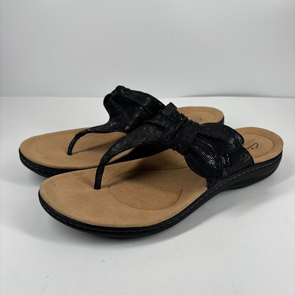 Clarks Laurieann Rae Women's US 10W Black Leather Knotted Thong Comfort Sandals